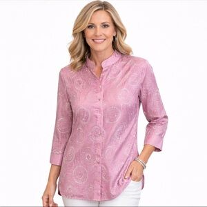 Bob Mackie Wearable Art Pink Mandarin Collar Sequin Embroidered Button Up Top L